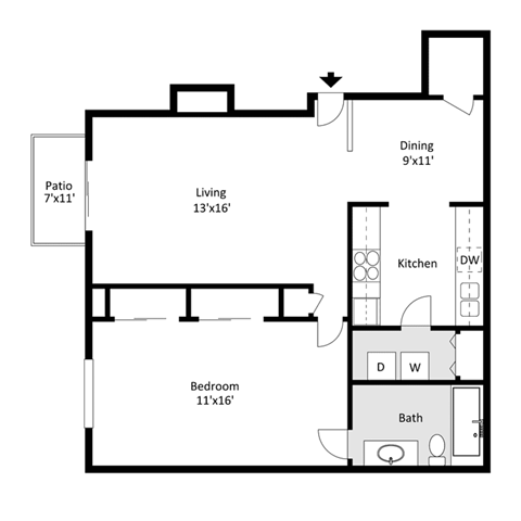 Floor plan for 1 bed, 1 bath, 796 sqft